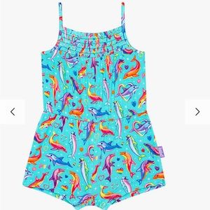 Posh peanut Lisa Frank dancing dolphins sleeveless smocked short jumpsuit